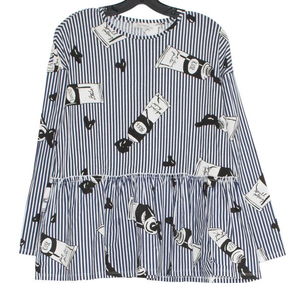 Zara Top Boho Artsy Eclectic Whimsical Paint Tube Print Peplum Stripe Blue Small - Picture 1 of 5